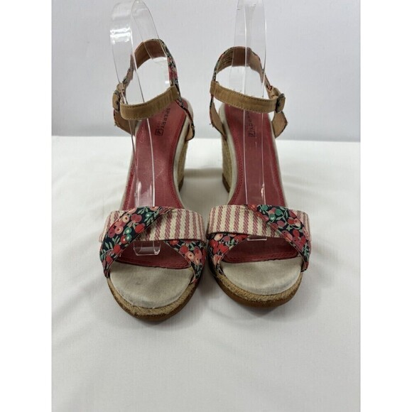 Sperry Topsiders Platform Wedge Heels Sandals Red Floral Print Stripe 9.5 M Rope - Picture 2 of 15